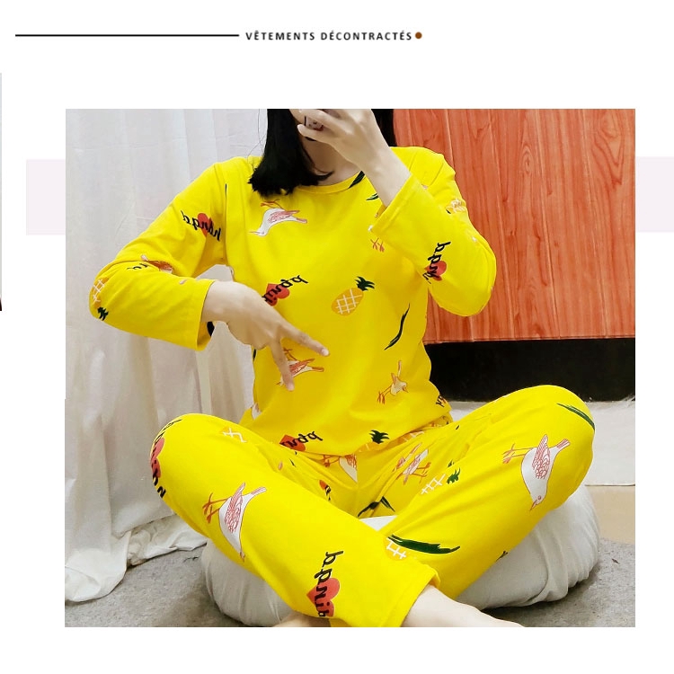 xiaohan korea Spring and Autumn loose nightwear round neck long sleeve sleepwear set cute print women baju tidur | BigBuy360 - bigbuy360.vn