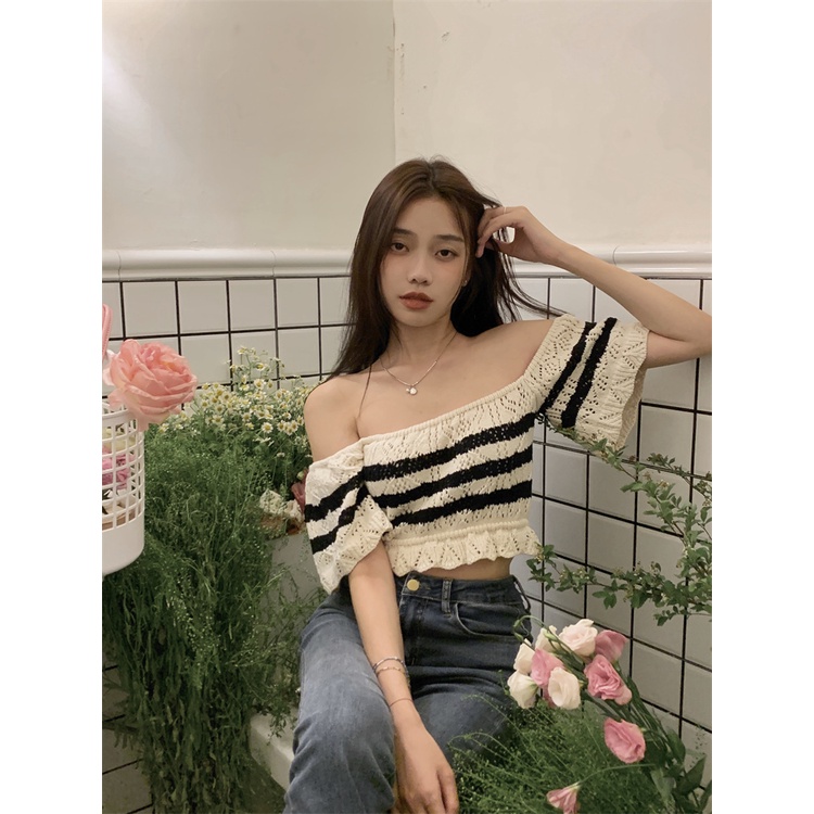 HUANG YOYO Áo Len Tay Ngắn Cổ Vuông Họa Tiết Sọc Thời Trang Phong Cách Hàn Quốc Cho Nữ