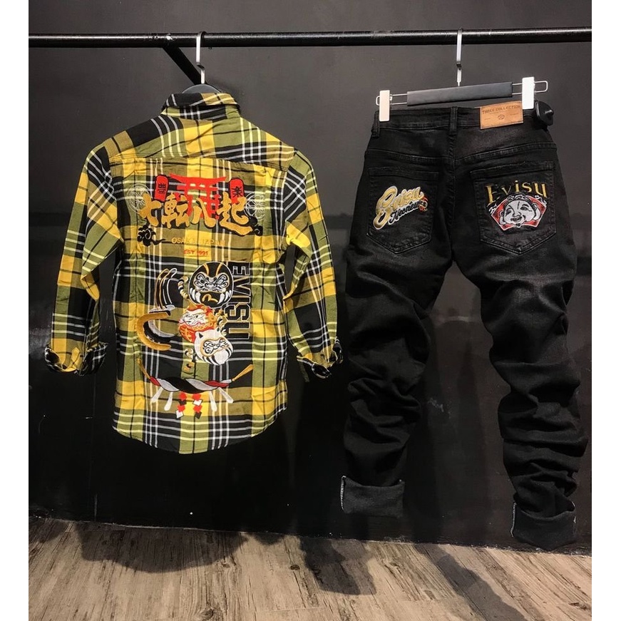 Set bộ evisu áo chất kaki dày dặn, quần jean đen denim có độ co dãn nhẹ hàng evisu full thêu K3 STORE