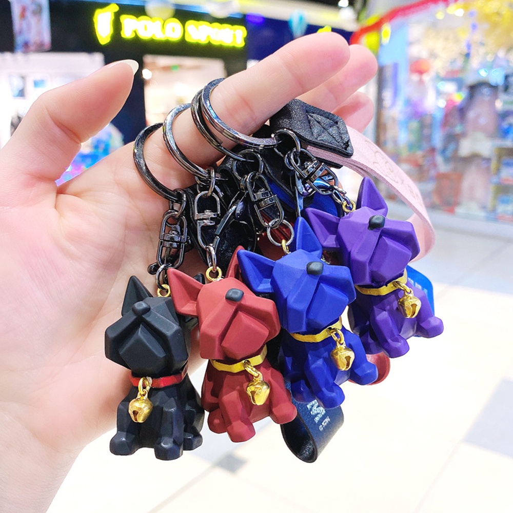 Móc gắn chìa khóa mặt hình chú cún bull đáng yêu với dây da PU kiểu Pháp cá tính