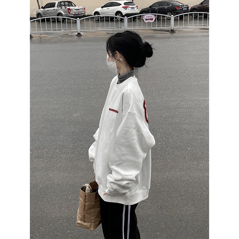 Áo sweater SELVZE tay dài cổ tròn dáng rộng in họa tiết phong cách cổ điển Mỹ thời trang cho nữ