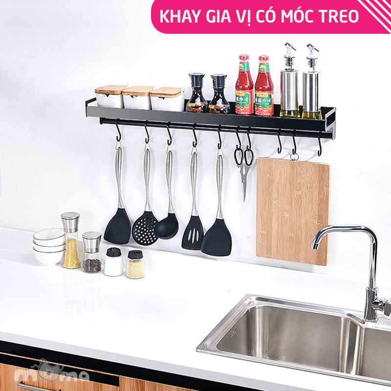 Khay đựng lọ gia vị dán tường hoặc khoan, giá đỡ đựng hủ muối đường, nước tương, nước mắm có 6 móc treo-HK113-KGVCM