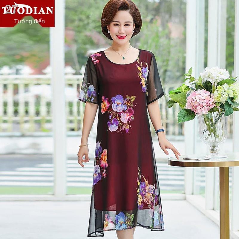 Váy hè nữ trung niên dài qua gối 40-50 size lớn voan ngắn tay cho phụ và cao tuổi