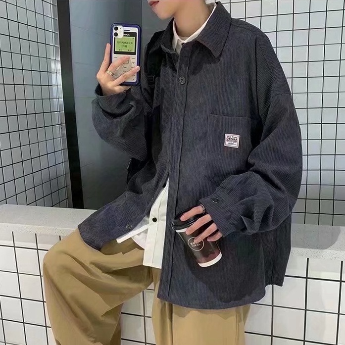 Áo sơ mi nam tay dài kẻ sọc thời trang Phong cách Hàn Quốc Plus Size Đơn giản Gấp trên Cổ áo Áo khoác Unisex