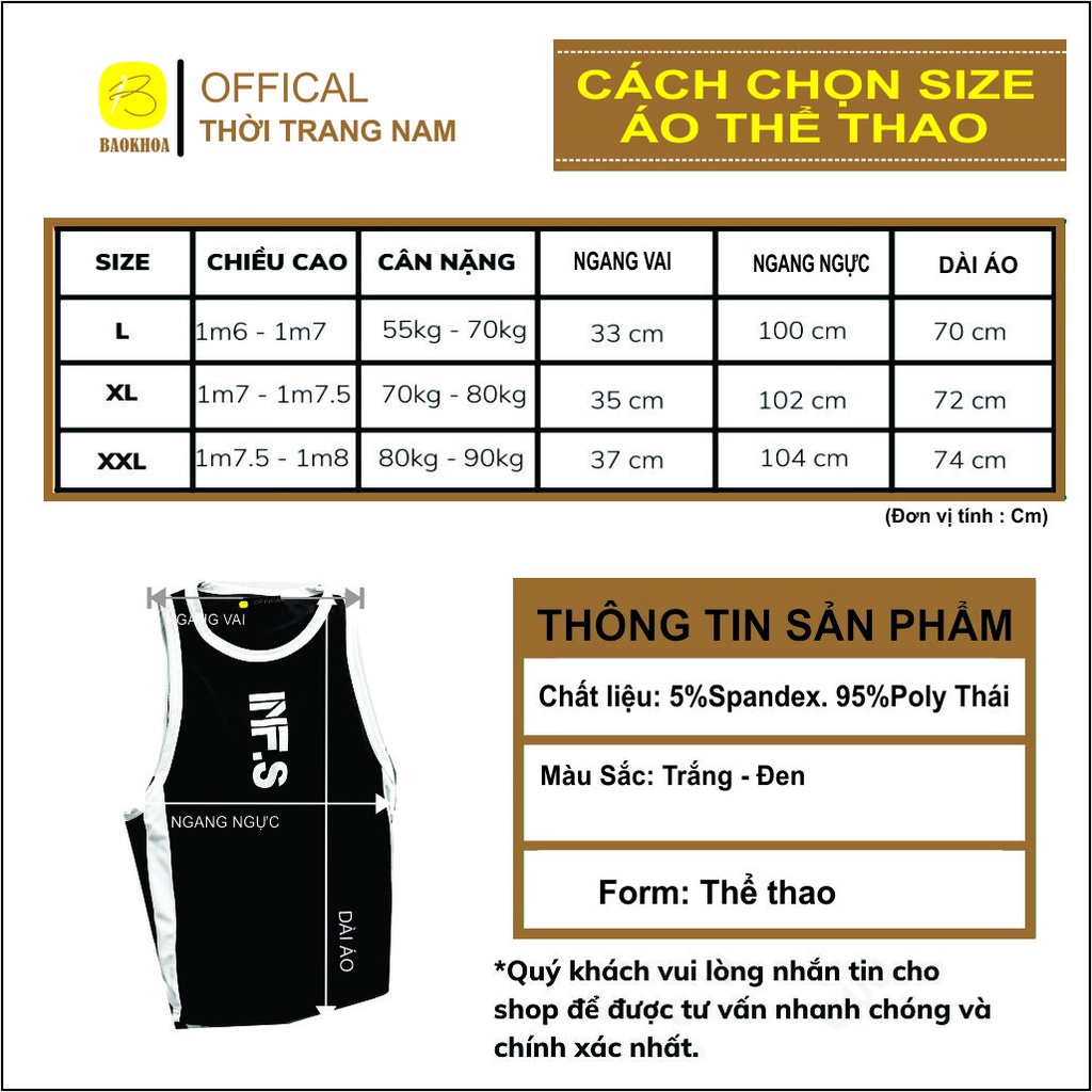 Áo ba lỗ tập thể thao, phối trắng đen in ngực sát nách, vải mè thái thoáng mát BAOKHOA_OFFICIAL Size l-2xl.