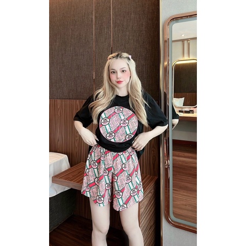 Set quần đùi lụa áo thun cotton bbr cao cấp