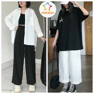 Quần ống rộng nữ lưng cao chất kaki may kiểu 1 ly tôn chân dài - VIETSTAR