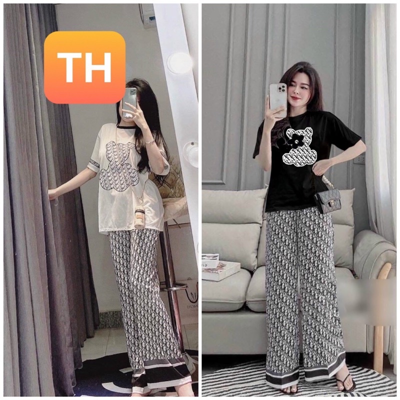 KHUYEN MAI_ Set Bộ nữ áo Gấu quần Dior sang chảnh Phối Hoa Chất thun Cotton HOTTREN _ Xưởng May Thu Lê