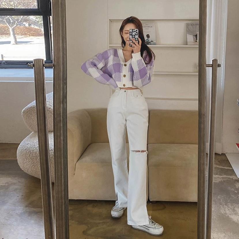 MS834 Áo khoác len kẻ caro viền trắng dáng vừa