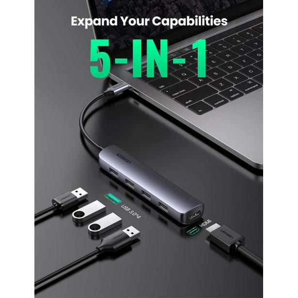 Cáp Chuyển Hub Ugreen 5 in 1 Type C Ra 4 USB3.0 + HDMI Vỏ Nhôm Ultra Slim