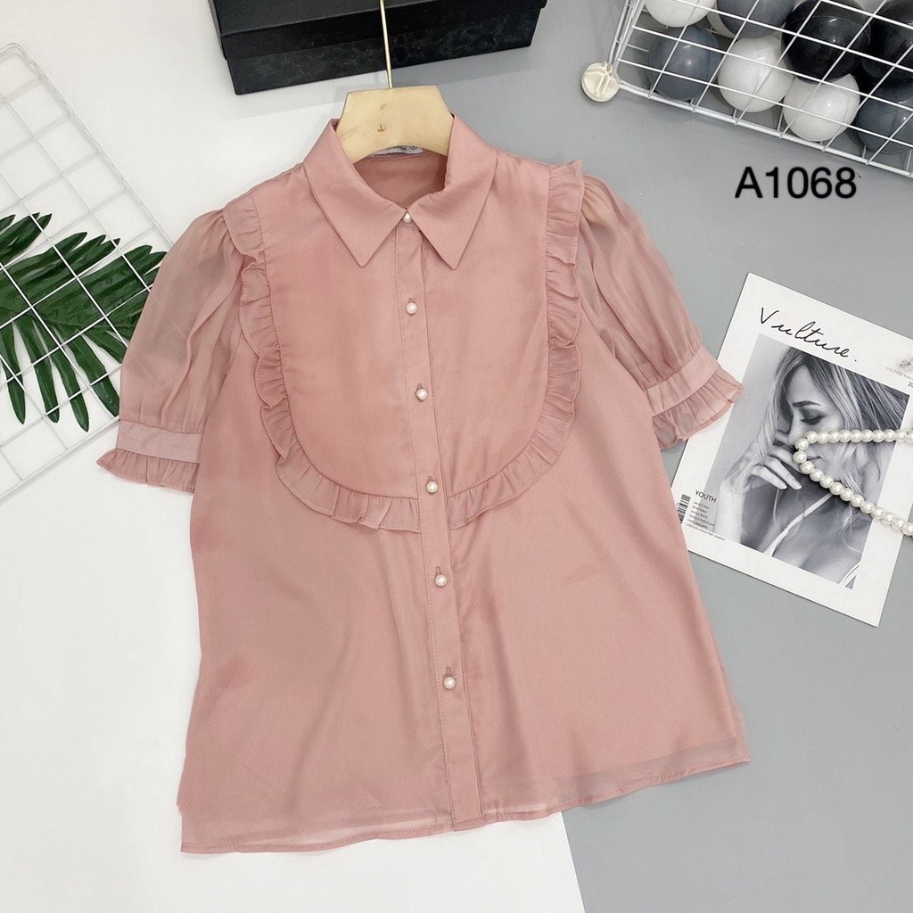 Áo tơ cộc bèo ngực - Be/Hồng A1068
