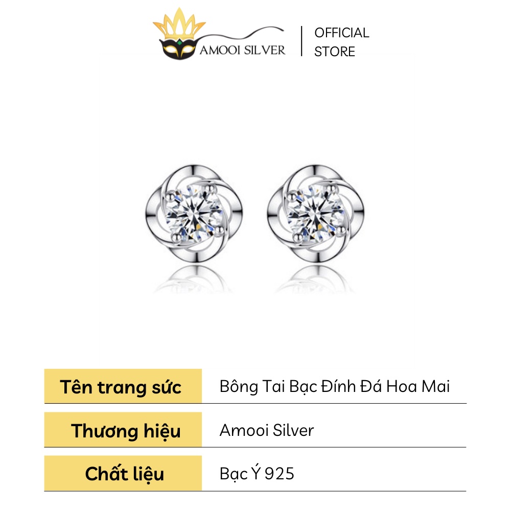 Bông Tai Bạc S925 Đính Đá Mẫu Hoa Mai 4 Cánh Ngọc Ngà - Amooi Silver AB94