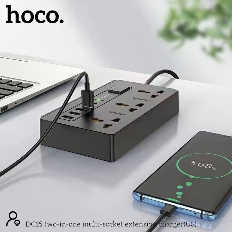 Ổ cắm Hoco DC15 2 in 1 Multi-socket ( 4 cổng USB+ Type-C ) hỗ trợ sạc 30W, Quick charger 3.0, PD 18W, dây dài 150cm