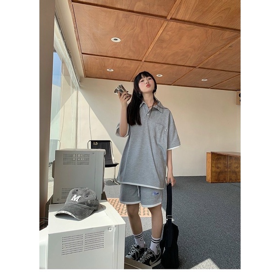 [ nặng 1kg ] Set đồ nữ form rộng unisex, áo polo cổ bẻ kèm quần short đùi thêu logo chất liệu cotton tổ ong