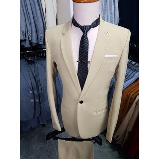 Bộ vest nam ôm body màu kem vàng tặng cà vạt nơ