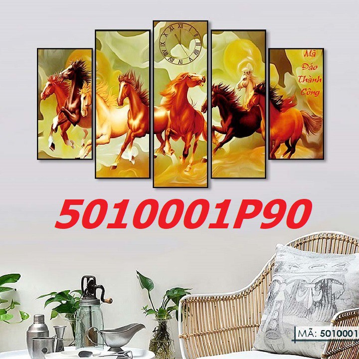 5 Tấm Tranh đồng hồ treo tường Mã đáo thành công trang trí phòng khách phòng ngủ 5010001P90