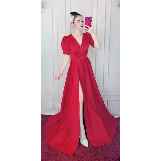 ĐẦM NÀNG DÂU CỔ V SẺ TÀ SIÊU PHẨM NHA DÂU full size S/M/L/XL