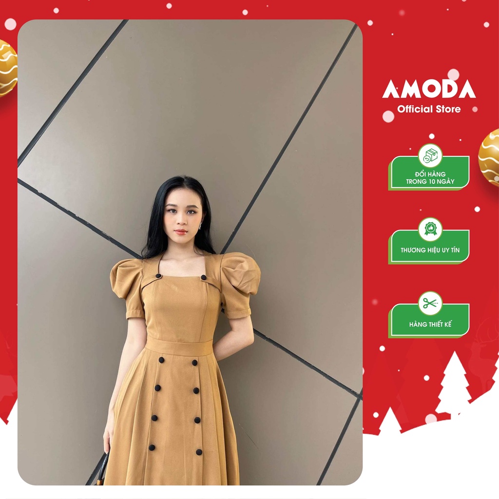 Váy xinh DANG DÀI siêu tôn dang tôn eo  vai bồng màu nâu dễ thương AMODA thiết kế cao cấp VN002