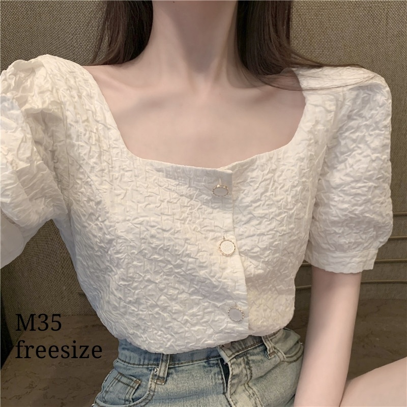ÁO ĐIỆU CROPTOP TAY BỒNG VẢI GẤM HOA SIÊU XINH M35