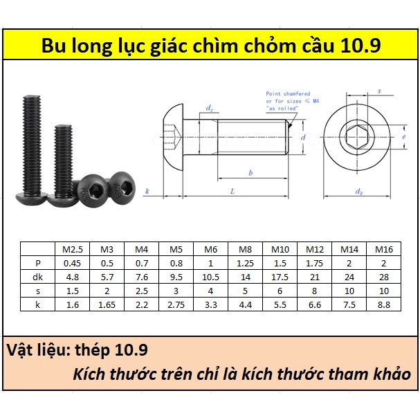 Bulong LGC chỏm cầu thép đen M10