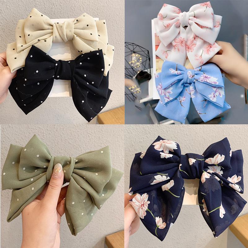 Kẹp tóc hình nơ vải chiffon họa tiết xinh xắn ngọt ngào cho nữ