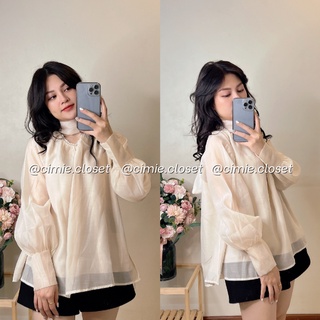 Áo sơ mi voan tơ , sơ mi nữ cổ ngọc dáng rộng 2 màu nude , trắng siêu xinh