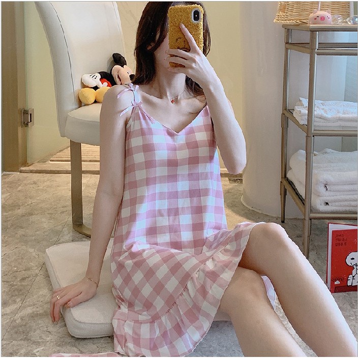 Váy ngủ hai dây sexy mặc nhà, đầm ngủ thun cotton hoạt hình mềm mịn có đệm ngực dễ thương, thoáng mát Latozia BĐN07