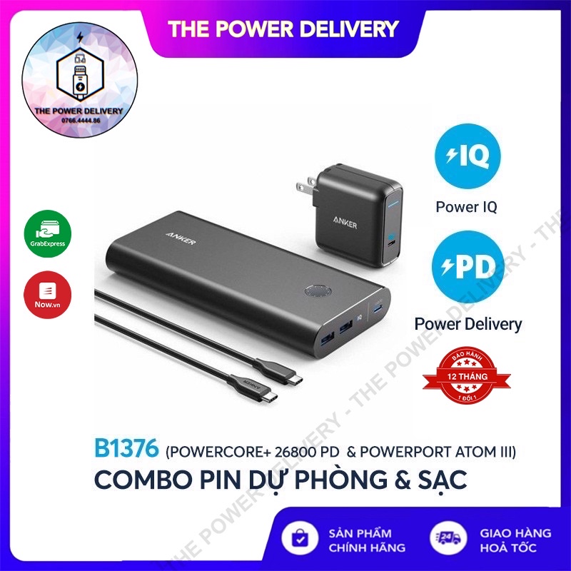 Pin Sạc Dự Phòng Anker PowerCore+ 26800mAh Hỗ Trợ Power Delivery PD 45W A1376, A1375 (PD 30W) Kèm Adapter Sạc