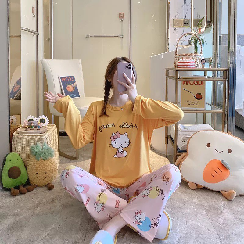 [Sẵn] Đồ bộ thun tay dài Quảng Châu, pijama quần dài, đồ mặc ở nhà họa tiết hoạt hình dễ thương