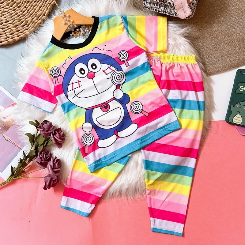 Đồ bộ bé gái áo cộc quần dài mặc nhà mặc ngủ thun lạnh mềm mát in hình cute size đại 22-43kg