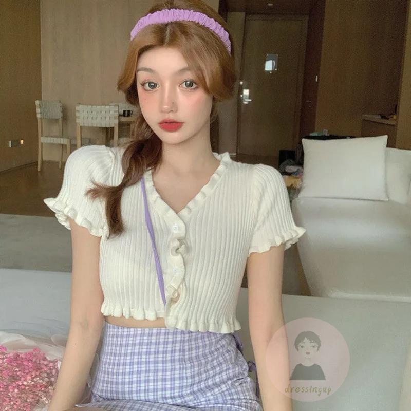 Áo Thun Dệt Kim Ngắn Mỏng Trang Trí Nút Áo Màu Trơn Cho Nữ