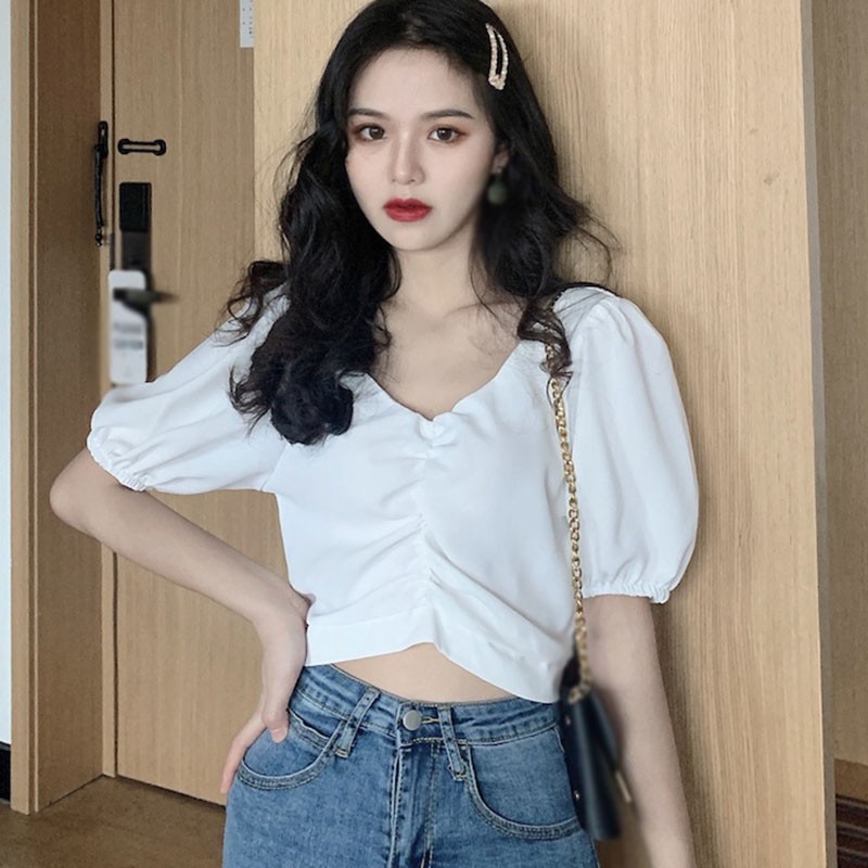 Áo dáng ngắn cổ V hở rốn xinh xắn cho nữ