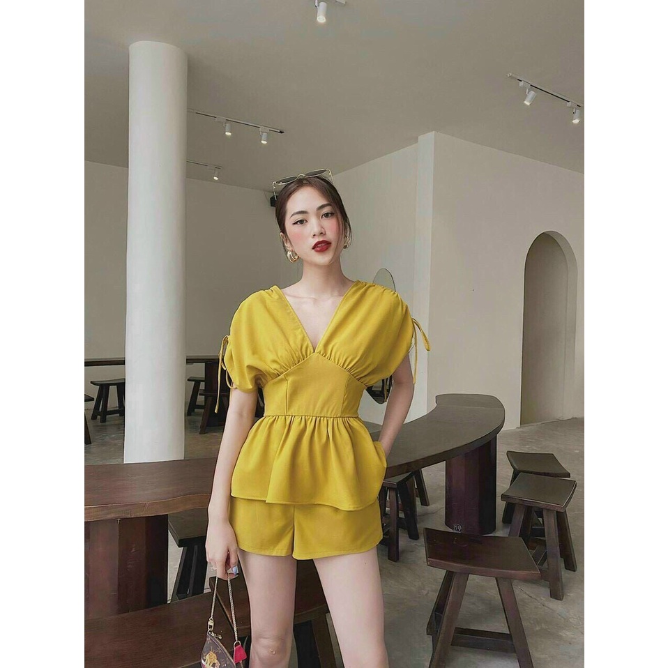 Set bộ vải for cổ chữ tay áo dây rút, set bộ hai món áo kiểu kèm quần ngắn