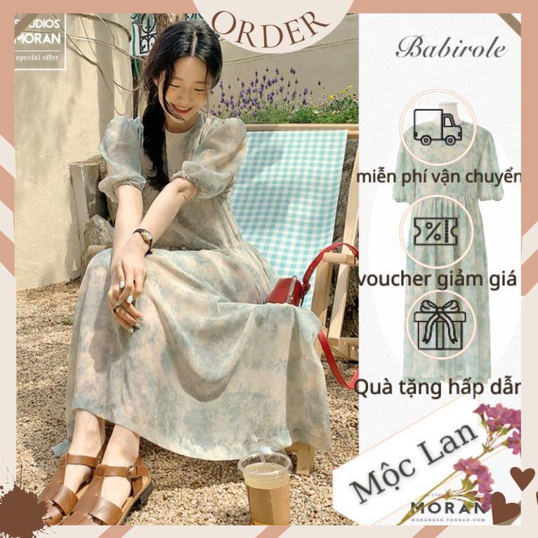 (MộcLan ORDER)  Váy MORAN voan hoa xanh loang pastel thun eo xòe dài bồng bồng vintage tiểu thư nhẹ nhàng | BigBuy360 - bigbuy360.vn