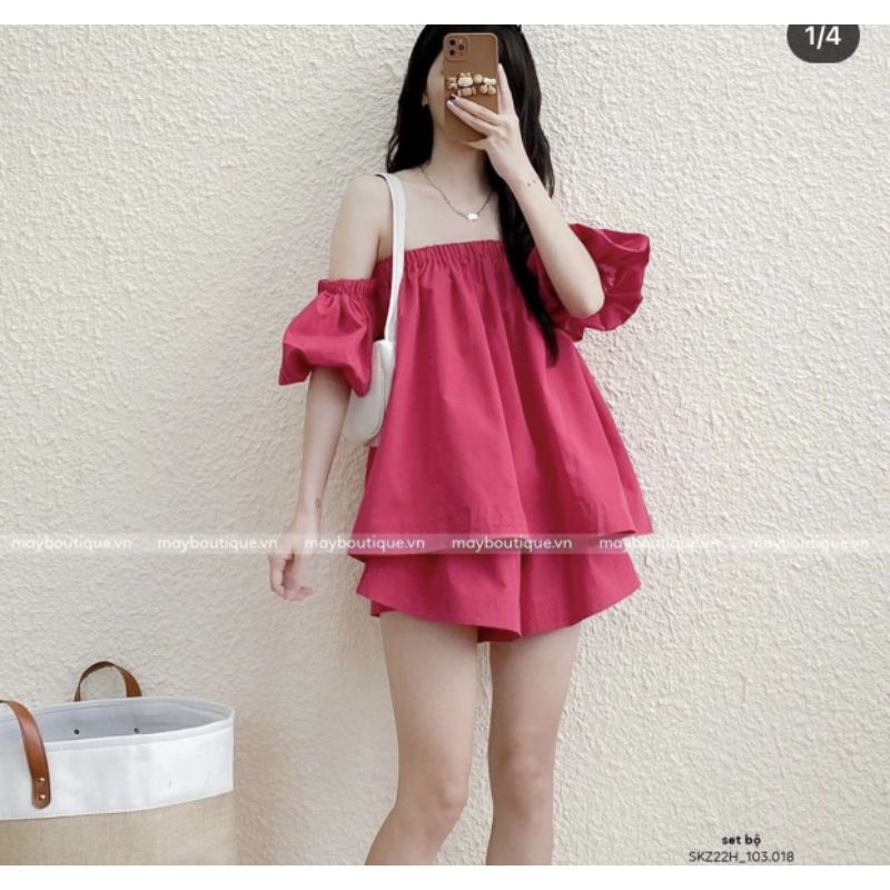 Set đồ áo trễ vai mix quần cùng màu tone màu hot