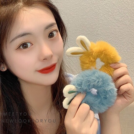 Dây Cột/Buộc/Cặp/Kẹp Tóc Scrunchies Vải Lông Mềm Hình Tai Thỏ Đáng Yêu Phong Cách Hàn Quốc