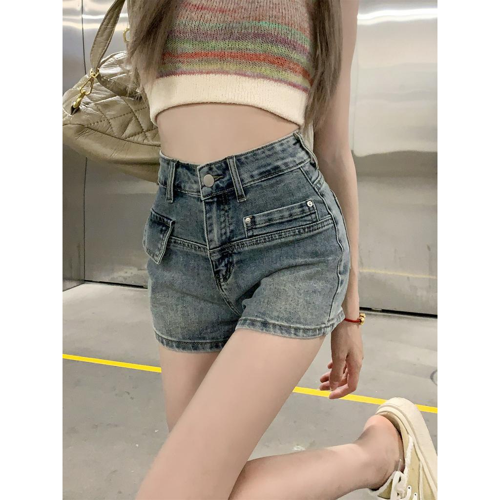 Quần Short Denim Lưng Cao Có Túi Phong Cách Hàn Quốc Cho Nữ