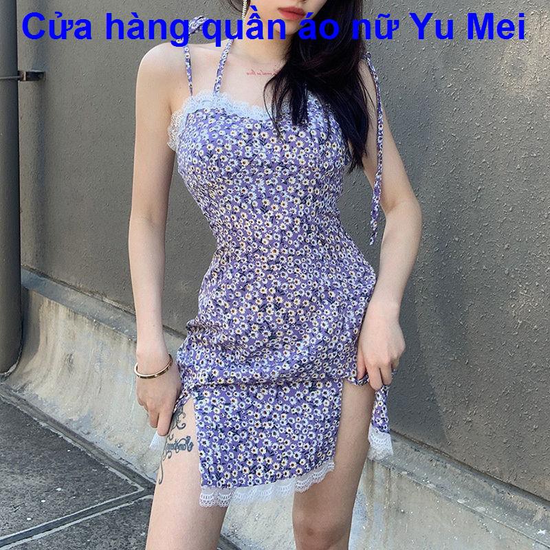 váy midiHương mùa hè Hồng Kông Nữ Yamamoto hoa tím eo cao sang trọng với phần chân có thể điều chỉnh độ dài dây