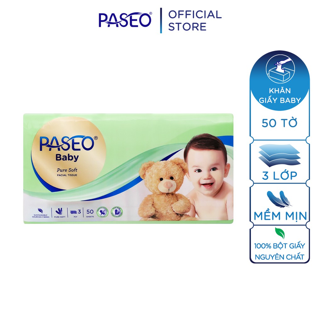 [Mã LTP50 giảm 50K đơn 150K] Khăn giấy rút cao cấp Paseo baby siêu mềm mại dành cho em bé (50-130 tờ 3 lớp)/gói