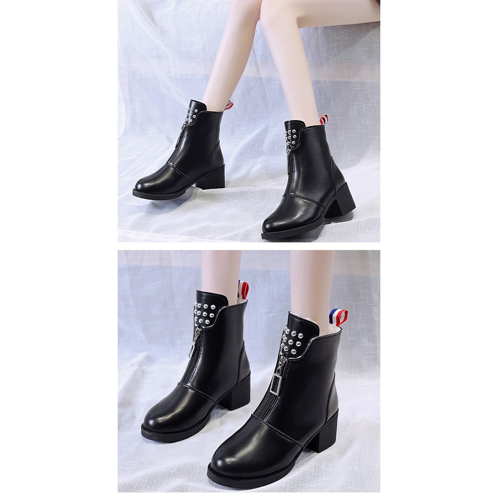 Giày bốt Martin phong cách Anh quốc cổ cao 6cm đính đá Dây kéo phía trước | BigBuy360 - bigbuy360.vn