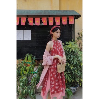 [Mã SKAMLTSM9 giảm 10% đơn 99K] Áo Dài Hồng Đan - Lengdeng.Collect | Áo dài Yếm Cách tân vải đũi đỏ hồng