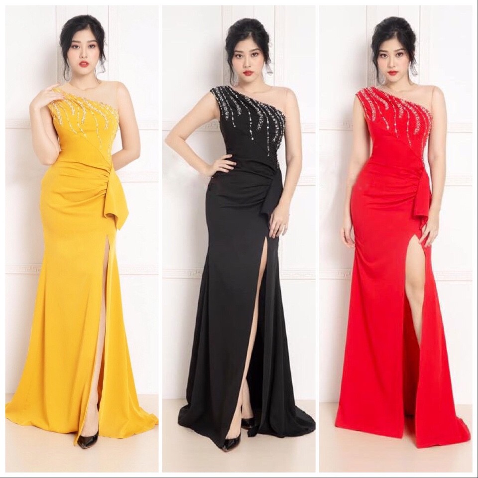 Đầm dạ hội lệch vai xẻ tà đính hạt