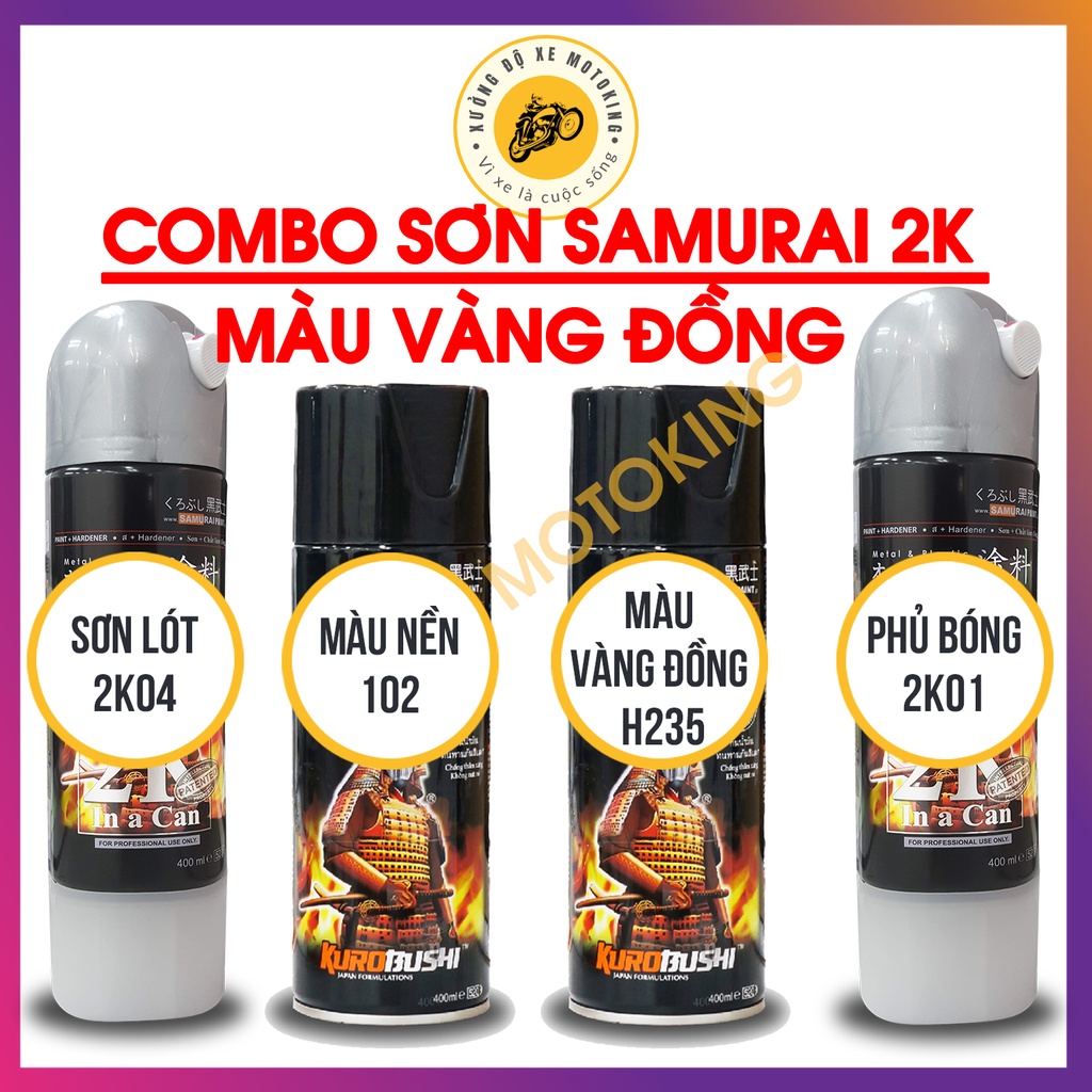 Combo Sơn Samurai màu vàng đồng H235  loại 2K chuẩn quy trình độ bền 5 năm gồm 2K04 - 102 - H235 - 2K01
