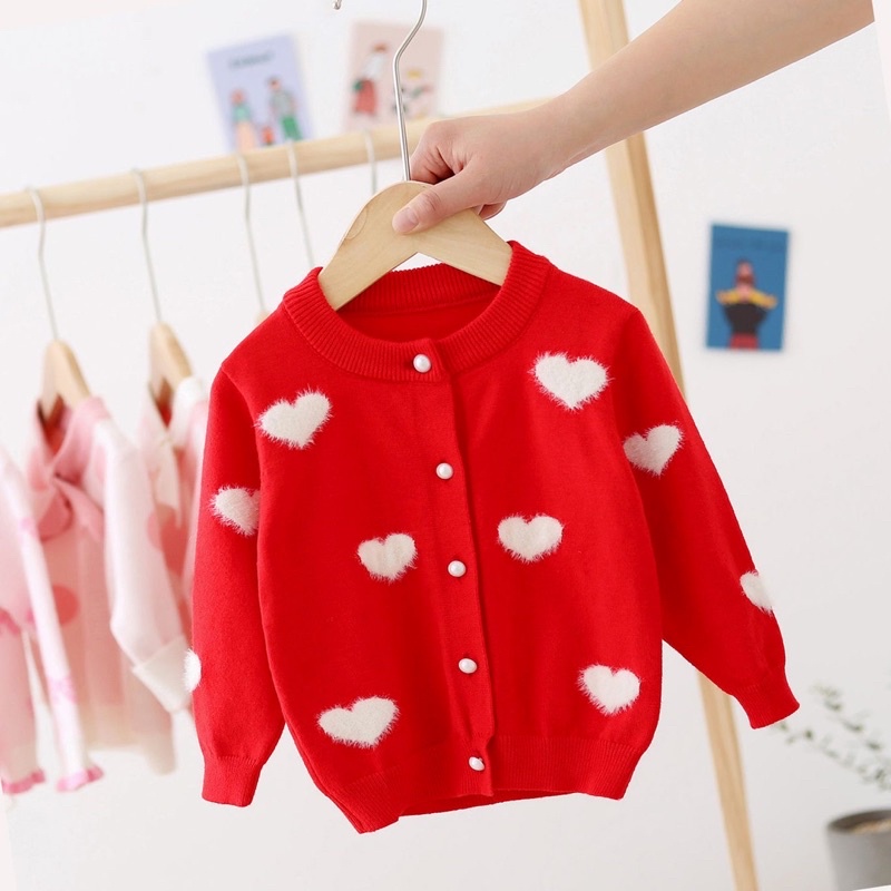 Áo khoác cardigan tay dài họa tiết trái tim đáng yêu cho bé gái