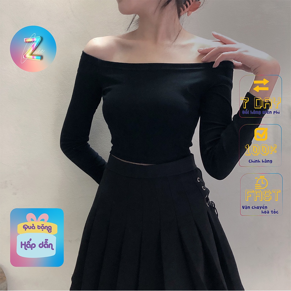 Áo Croptop Nữ Tay Dài Trễ Vai, Ngang Vai, Vải Thun Zip Cotton 100% Ôm Body, Hack Dáng Co Giãn 4 Chiều Nhà Chic-Z 2022