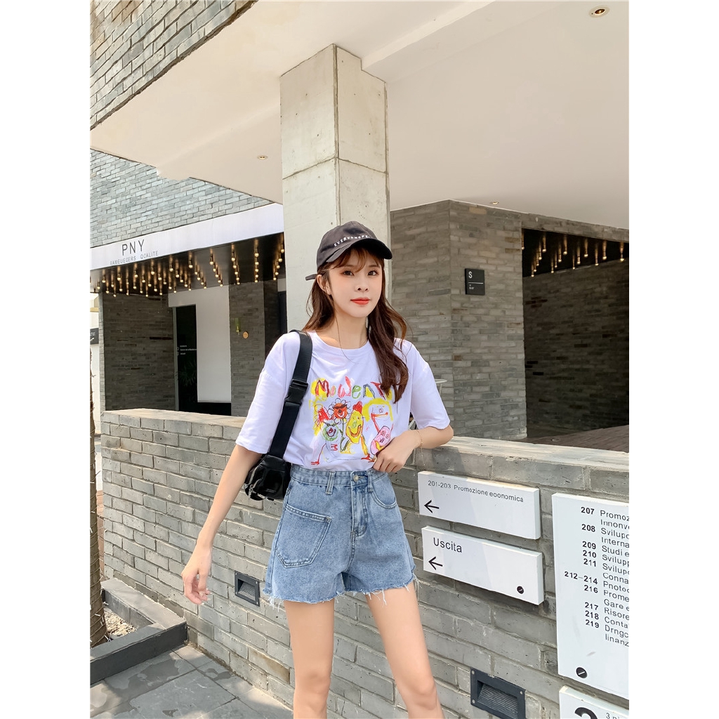 Quần short denim lưng cao thời trang cho nữ