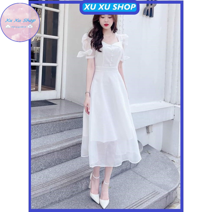 Váy trắng dáng dài cổ vuông HÀNG THIẾT KẾ - XU XU SHOP - Đầm dự tiệc đính nơ tay, công sở, đi đám cưới cực xinh