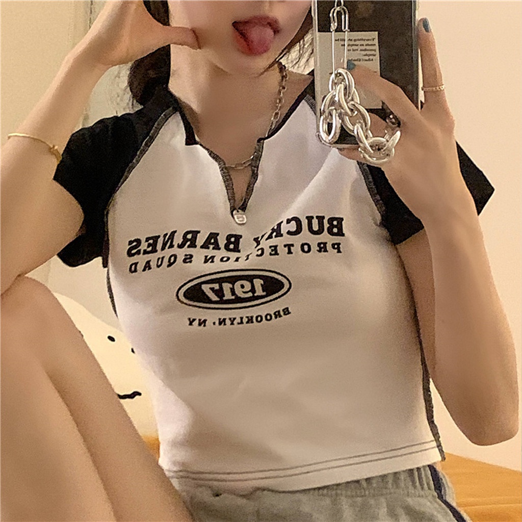 Áo Croptop Cổ V Tay Ngắn 1971 Chất Bozip Co Dãn Cá Tính_VIETCEN | BigBuy360 - bigbuy360.vn