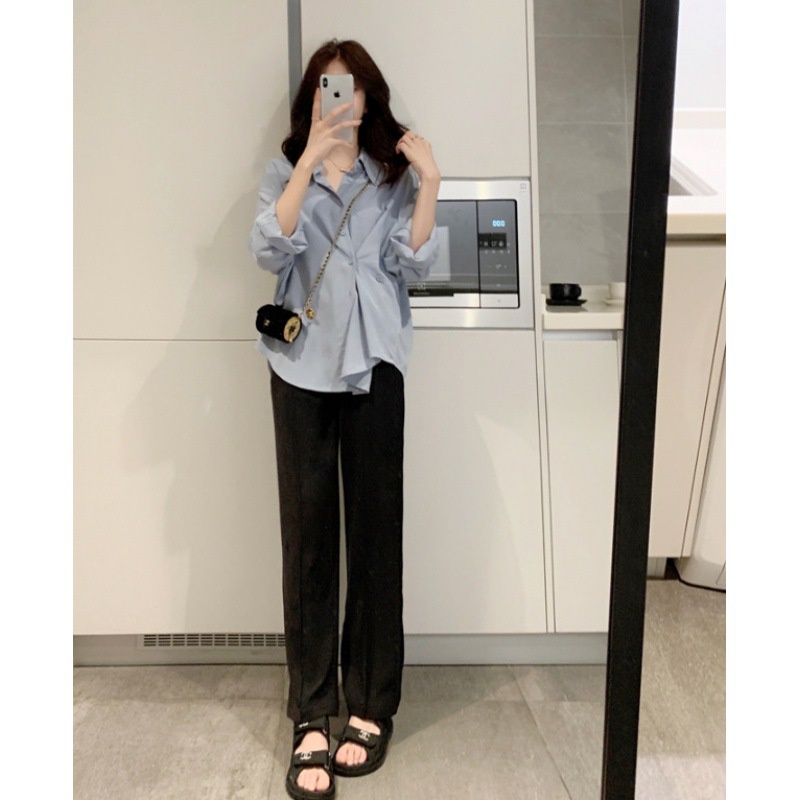 Áo sơ mi nữ dài tay áo kiểu cổ bẻ vintage công sở form rộng basic vạt lệch phong cách Hàn Quốc S3T5-6
