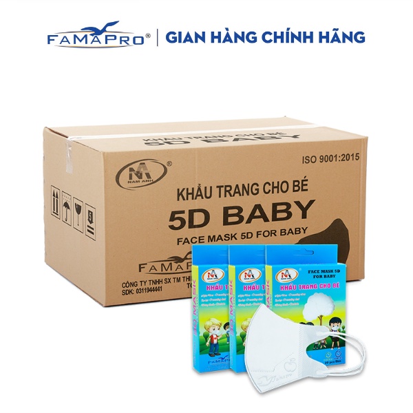 [5D BABY QUAI THUN- THÙNG 100 HỘP- HỘP 10 CÁI] Khẩu trang y tế trẻ em kháng khuẩn 3 lớp Famapro 5D BABY TRƠN
